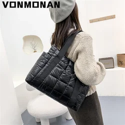 Bolsos grandes de hombro a cuadros para mujer, bolso de lona acolchado con textura de lujo para invierno, bolsos de compras de algodón espacial de diseñador 2024