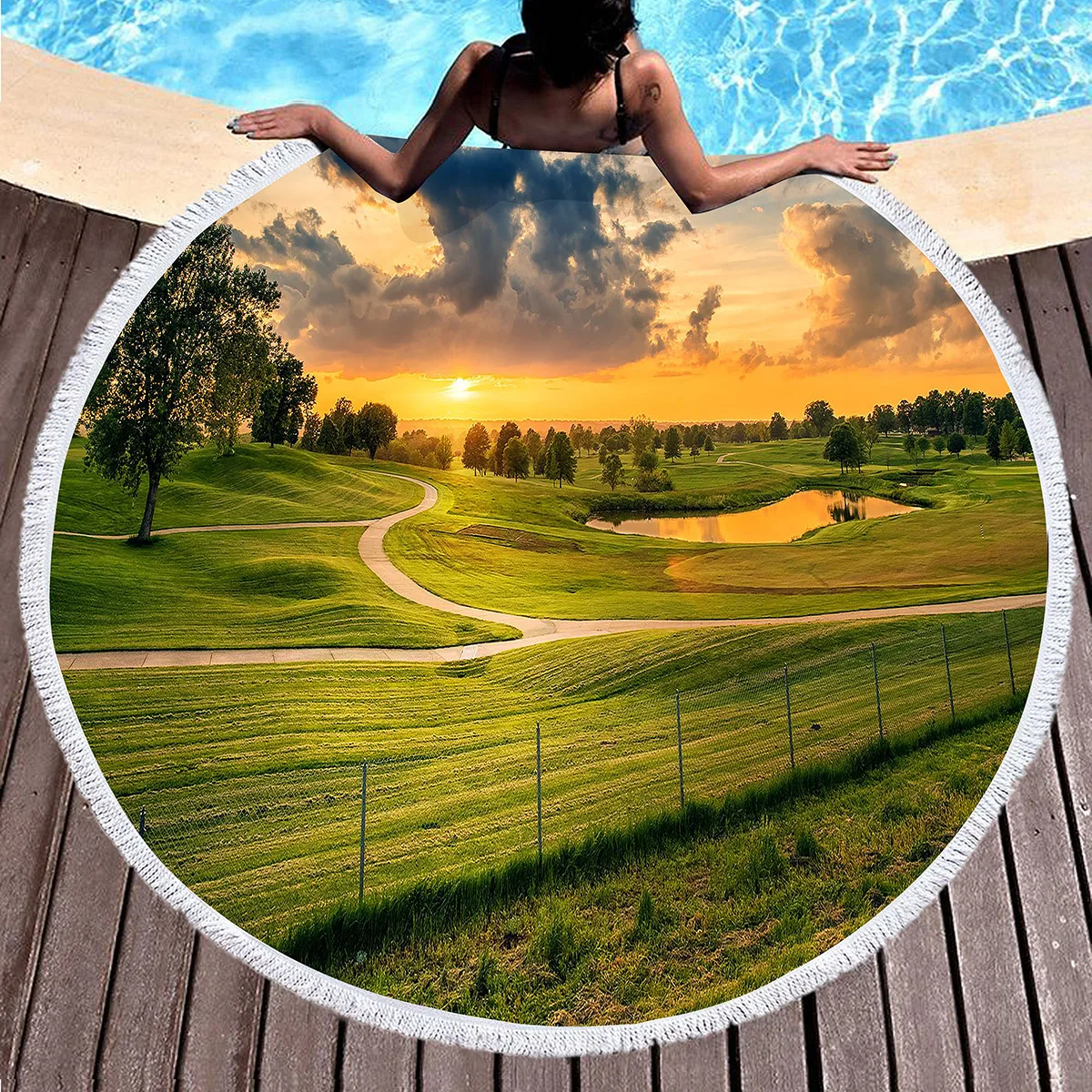 Pretty Country Scenery Print Round Beach Blanket,Polyester Sand Resistant Beach Towel,Absorbent Quick Dry Pool Towel Picnic Mat
