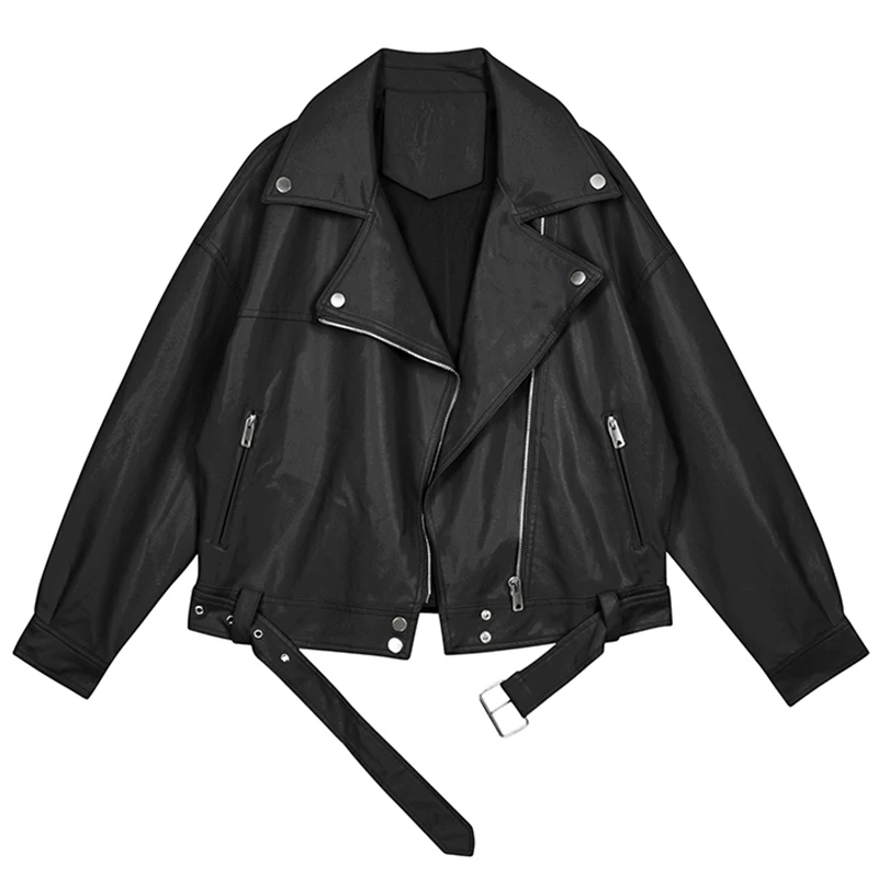 

Spring Women PU Leather Motorcycle Jacket Female With Belt Solid Color Jackets Ladys BF Style Loose Casual Jacket 2023