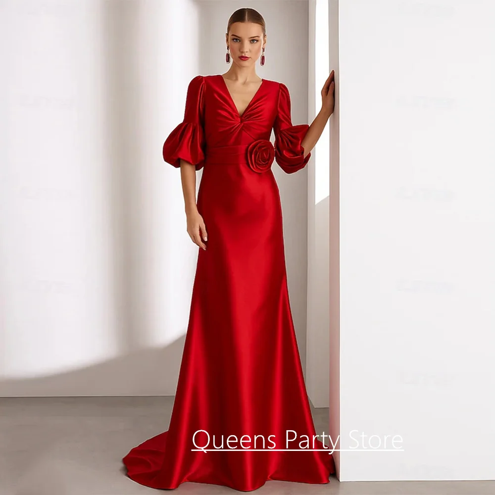Elegant Mother of The Bride Dress Customized V Neck Half Lantern Sleeves Flower Mermaid Wedding Guest Gown Evening Dresses