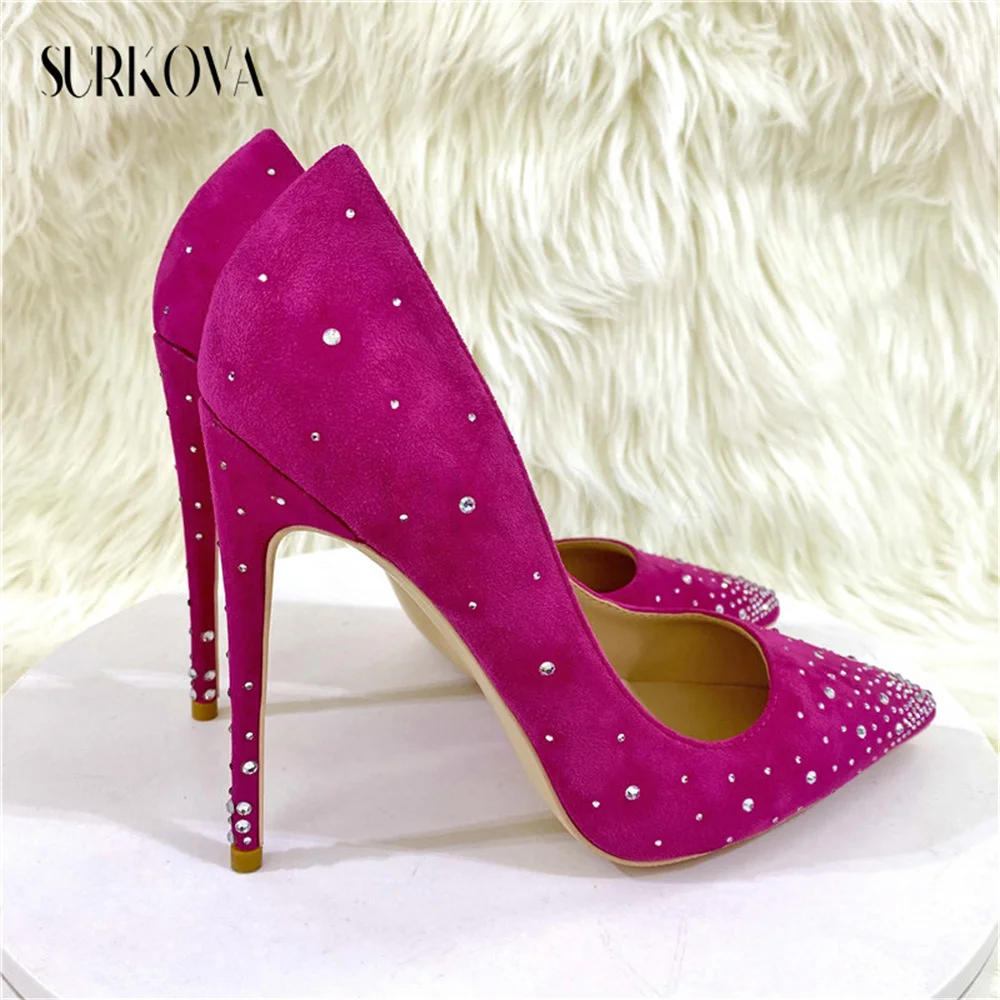 

Rose Red Suede Hign Heel Pumps Pointed Toe Sequined Side Empty Design Sense Stiletto Heels Dress Party Shoes Women Shoes Heels