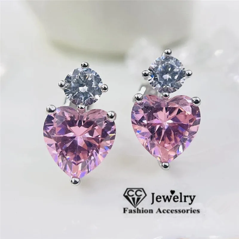 Silver Plated Stud Earrings For Women Pink Cubic Zirconia Love Heart Earring Fine Jewelry Bridal Wedding Ear Studs CCE683