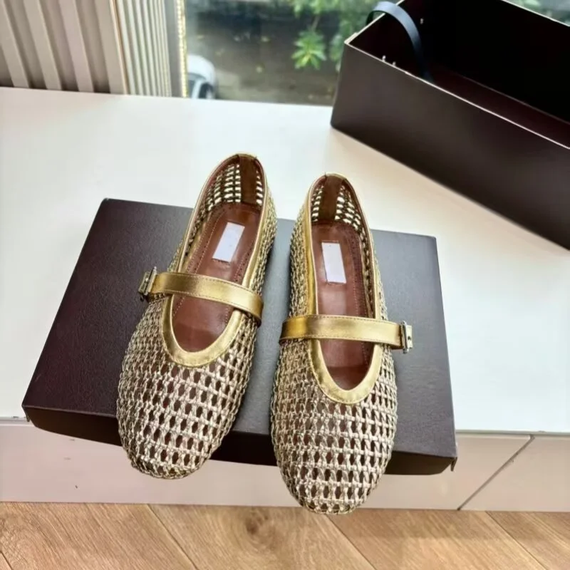 Designer Brand Original Leather Flat Bottomed Mesh Breathable Sesh Flat Bottomed Ballet Shoes Single Shoe Mary Jane Shoes