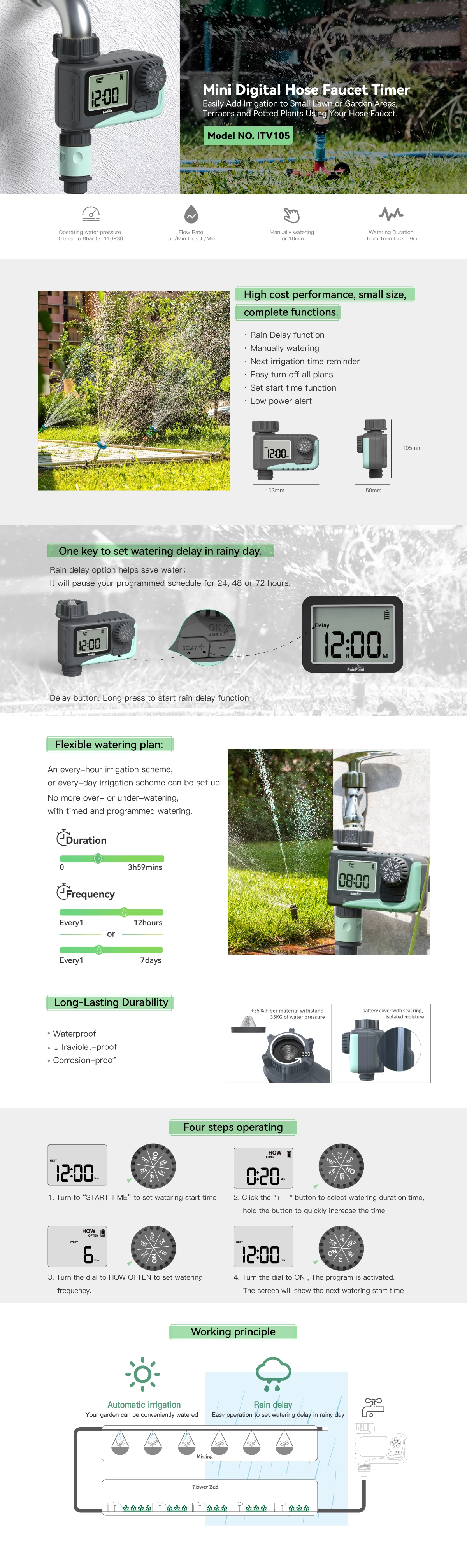 RAINPOINT Sprinkler Timer, Programmable Water Timer for Garden Hose, Outdoor Soaker Hose Timed with Rain Delay/Manual/Automatic Watering System, Digital Irrigation for Yard, Lawn, 1 Outlet