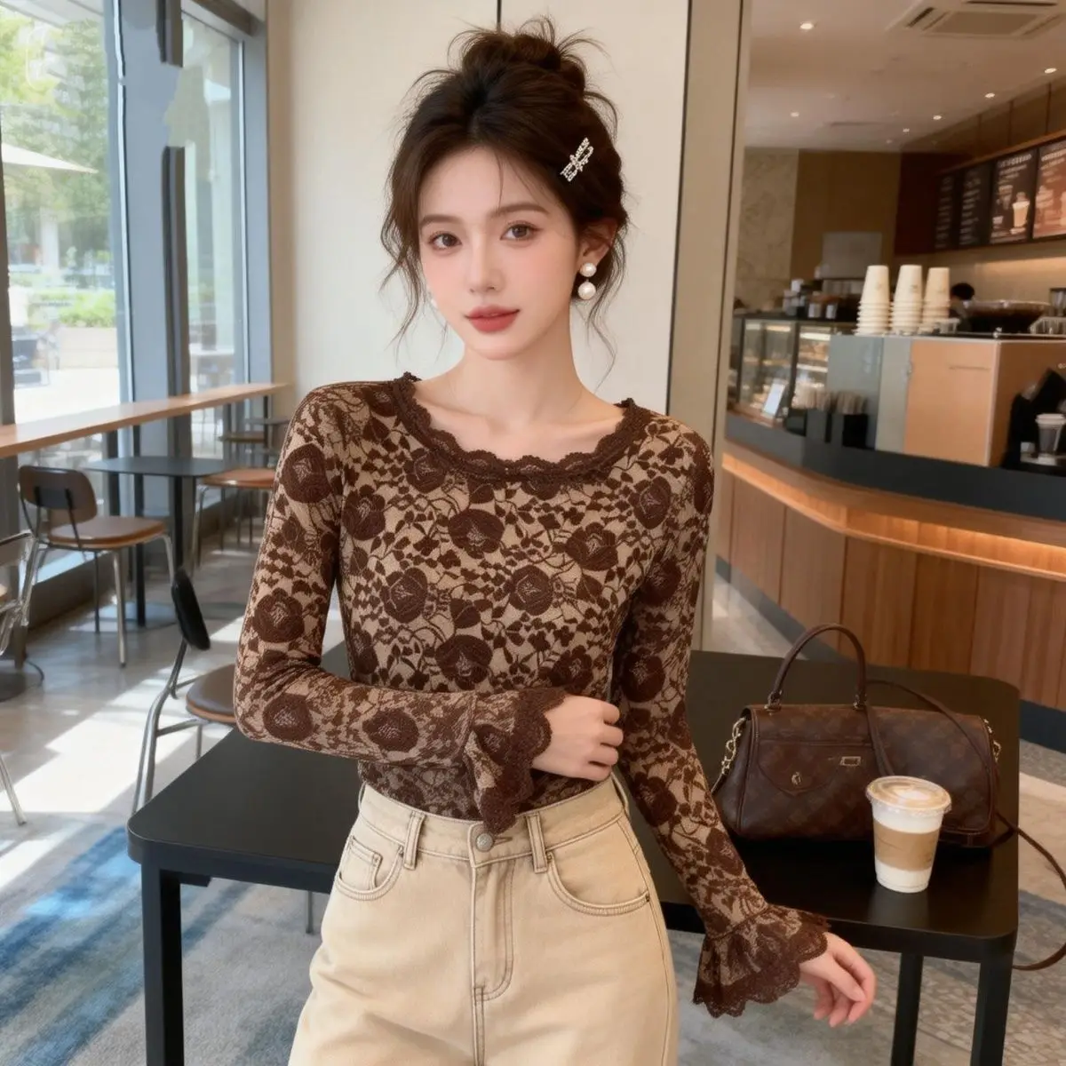 

Новая женская блузка с круглым вырезом и кружевом, универсальная, с цветочным узором, весенняя, элегантная, прямого кроя, премиум-класса