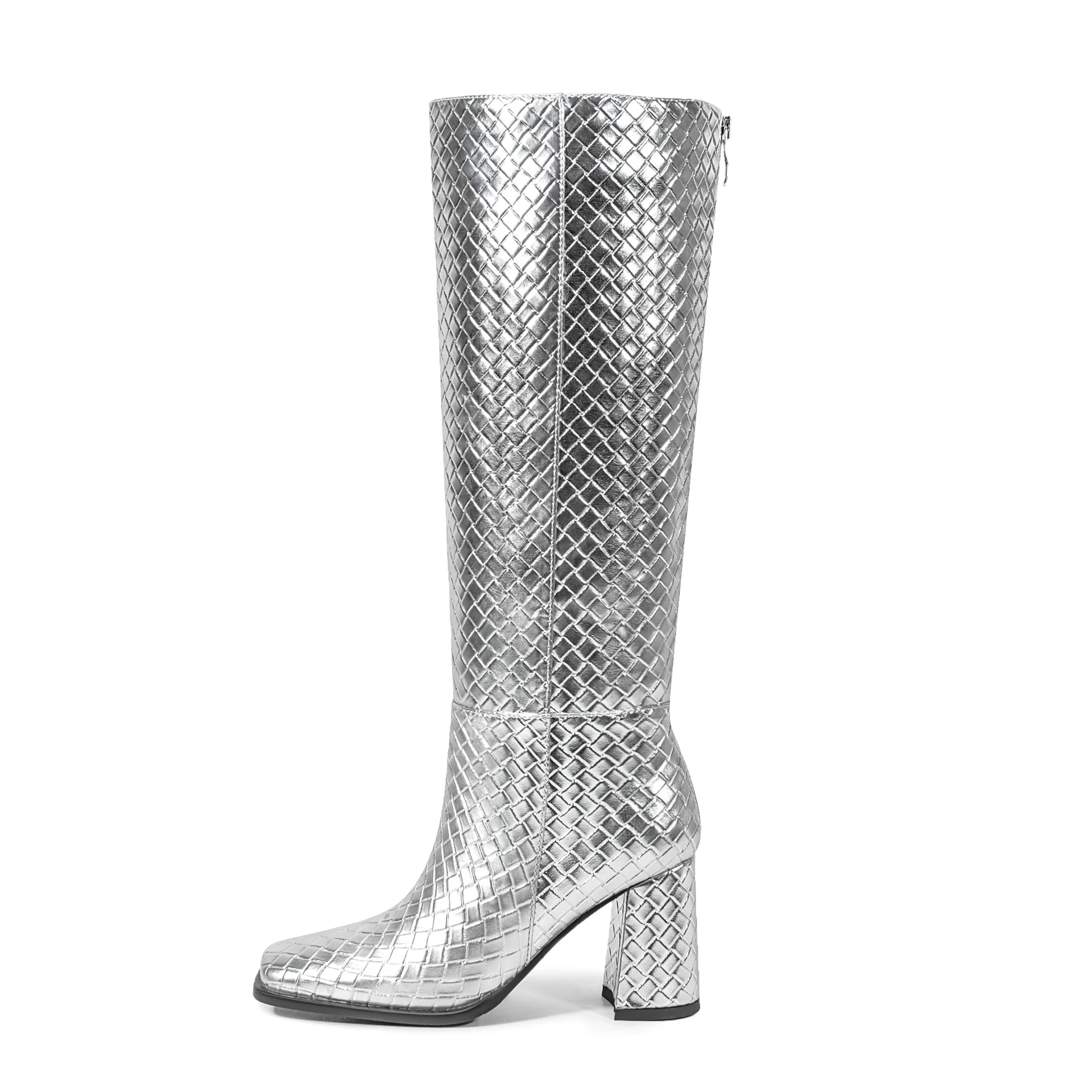 Women's Silver Snakeskin Patterned Leather Knee-High Boots Square Toe Block Heel Tall Boots Fashion Party & Daily Wear Boots