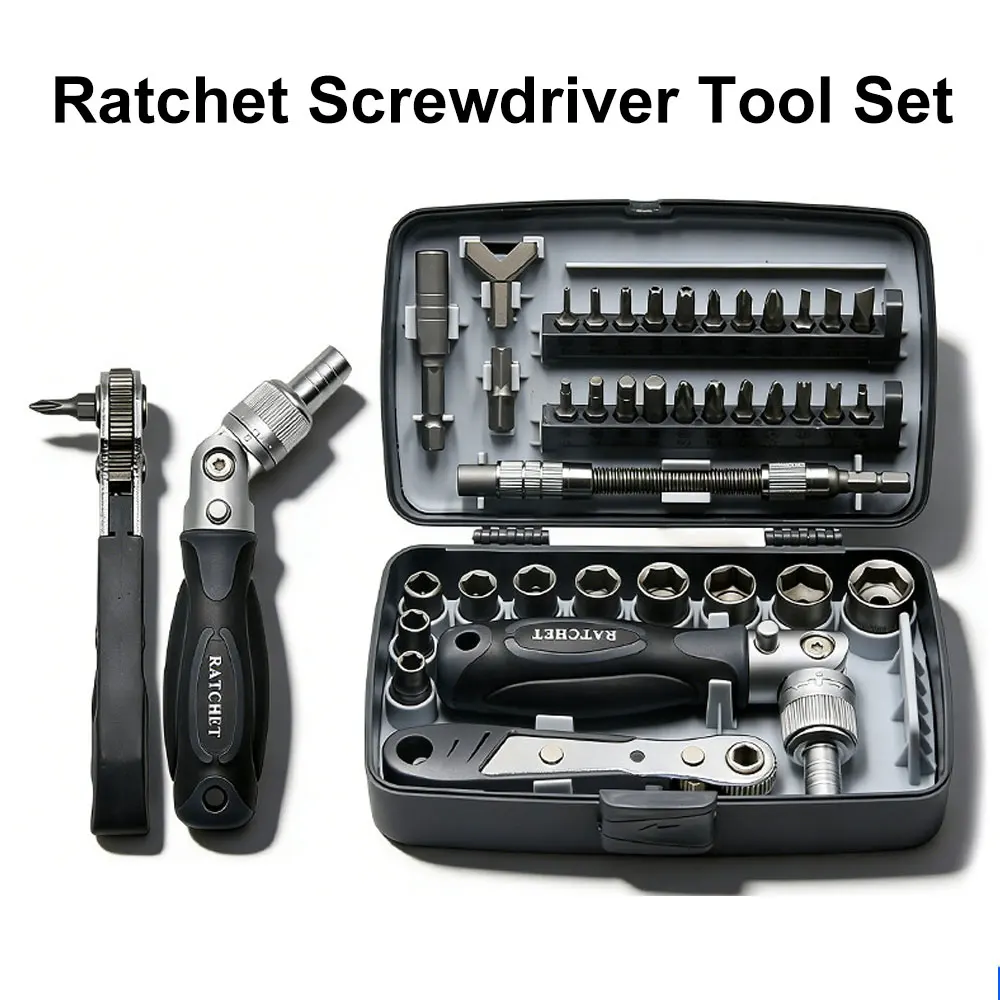 Ratchet Screwdriver Tool Set Wrench with Flexible Shaft Y-Adapter Socket Bits Compact Mini Kit for Home Auto DIY Repairs