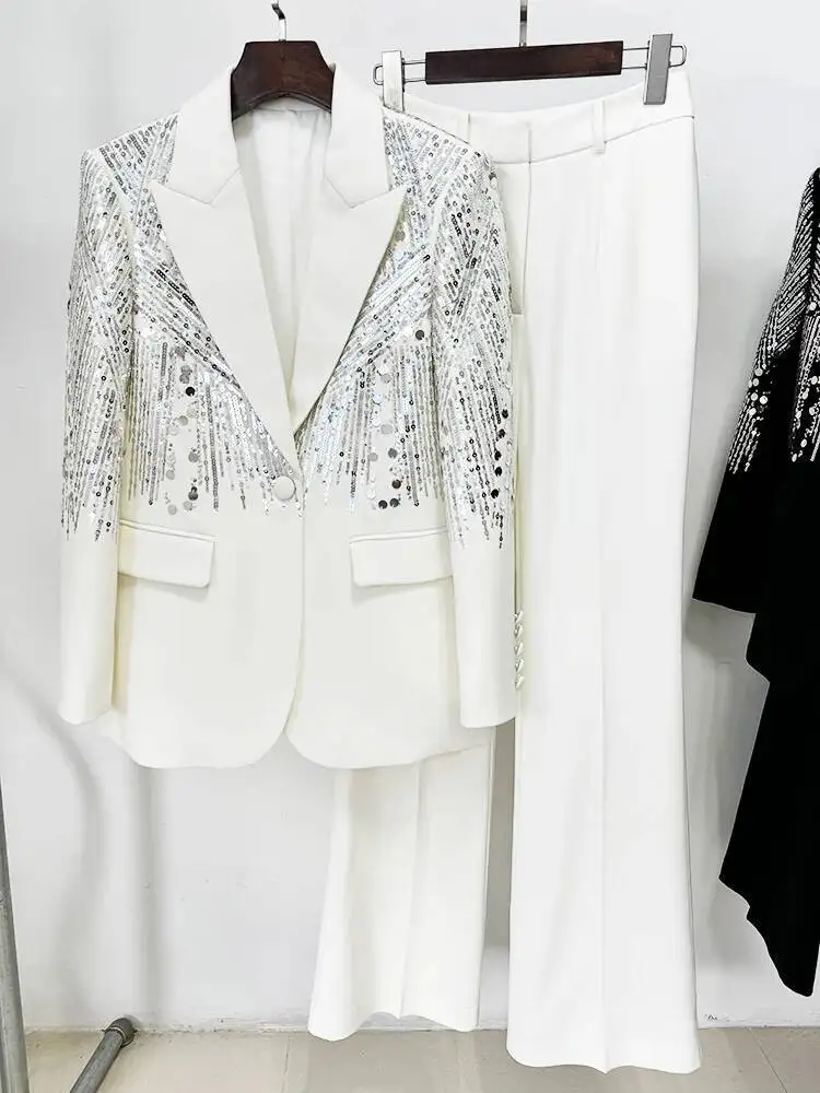 HIGH STREET Newest Fashion Designer Suit Women's Sequined Beading Single Button Blazer Flare Pants Set 2Pcs