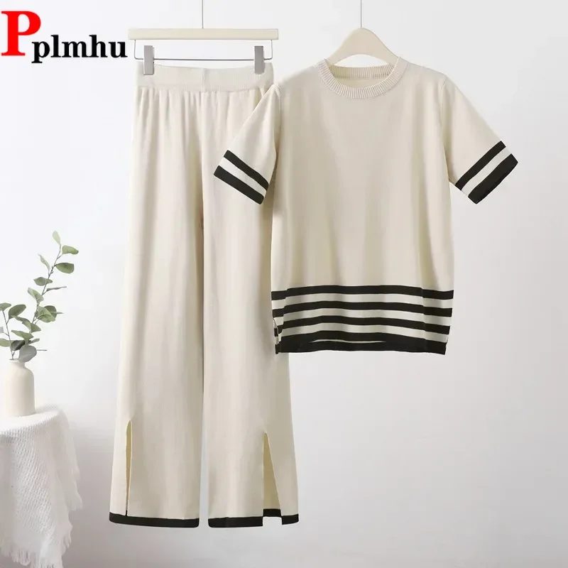 

Fashion Striped Knit 2 Piece Sets Summer Thin Ice Silk Conjuntos Short Sleeve Pullover Tops And Chic Split Wide Leg Pants Outfit
