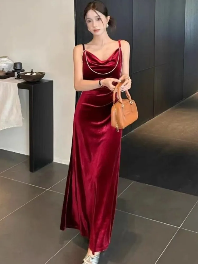 

Сексуальное длинное бархатное платье с ремешком на бретельках с подвесным воротником, плиссированное Fi Tail Dr, роскошная женская цепочка с бриллиантами для похудения, Ciwalk Dr