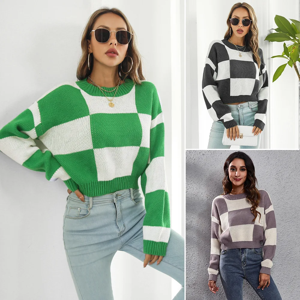 

Короткий свитер с длинными рукавами, женский клетчатый жаккардовый свободный вязаный свитер, пуловер Женский свитер, топы, свитер Y2k De Mujer