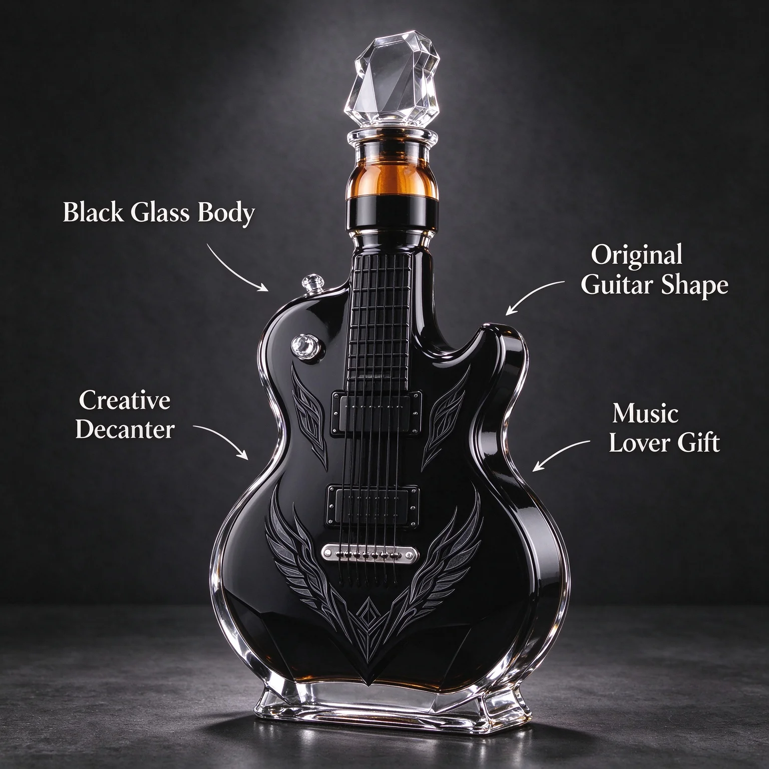 Purple Guitar Shaped Whiskey Bottle with Wing Lightning Print Glass Decanter for Home Bar Decor Collectible Gift for Men