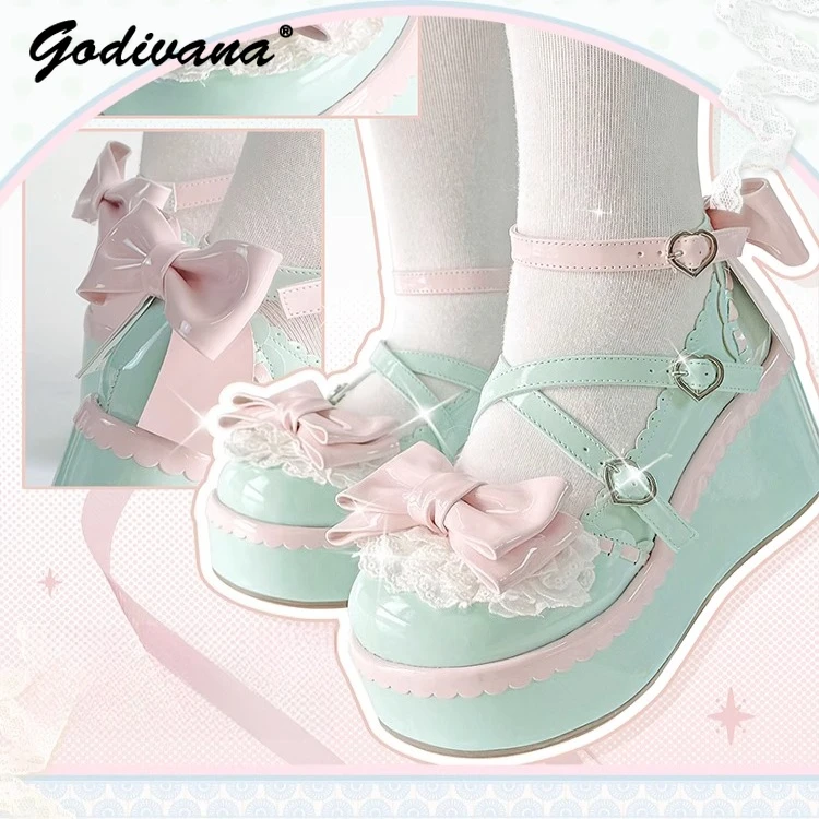 

Оригинальные туфли на платформе в стиле Лолиты, новинка 2023 года, весенние милые женские кожаные туфли-маффины на толстой подошве с бантом для девочек, туфли-лодочки на каблуке