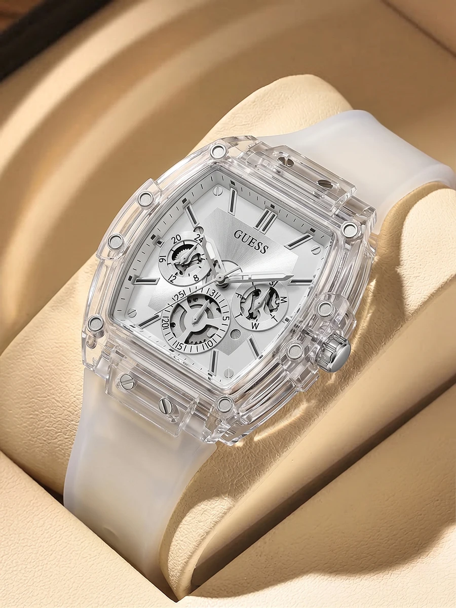Relojes de Lujo Originales GUESS para Hombre, Reloj de Pulsera Deportivo de Silicona Blanca con Cronógrafo de Cuarzo Multifunción Transparente Tonneau