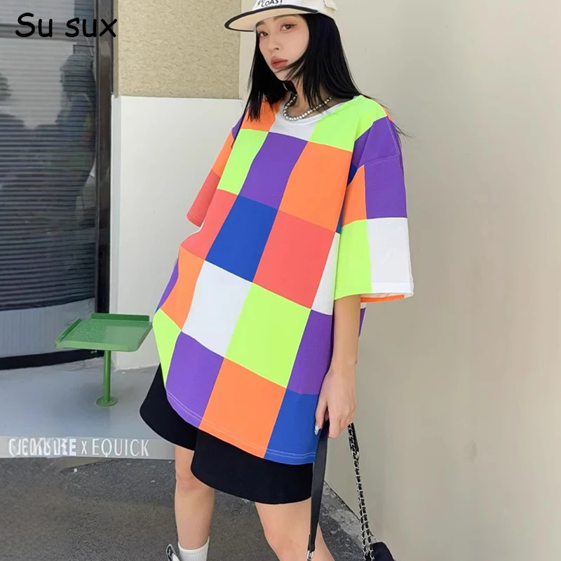 

Casual Multicolor Print Oversized T Shirts Woman 2025 Summer Tops Y2k Clothes Korean Fashion Bust 128cm O Neck Short Sleeve Tees