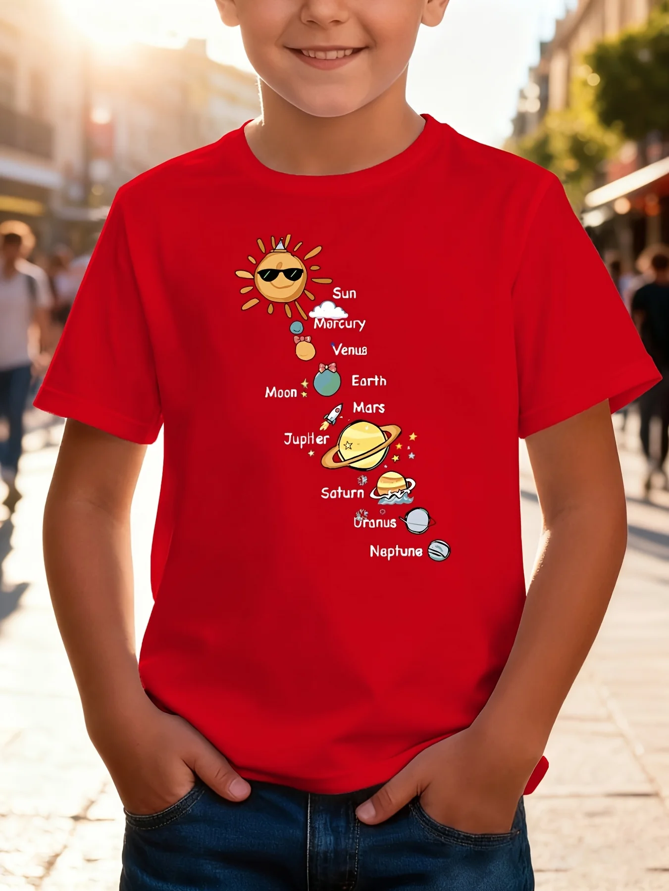 Space Eight Planets Children's T-shirt Casual, Lightweight, Comfortable Short Sleeve Parent Child Top Summer Clothing