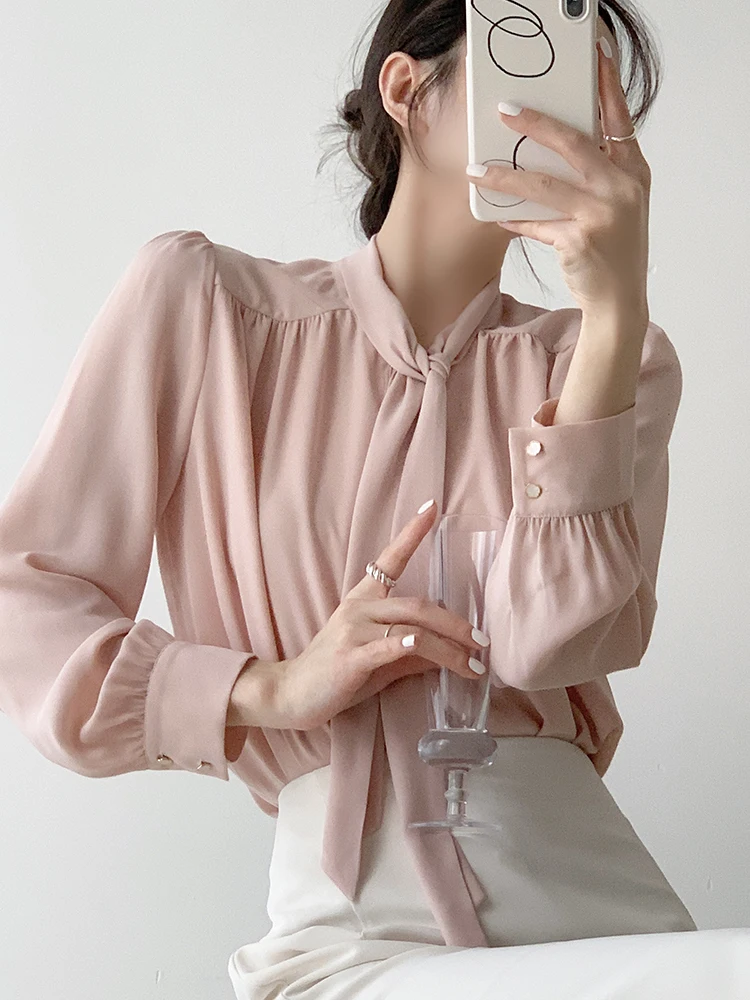 

Ele Commuter OL Sa irt Women's Soft Pink High-End Feel Long Sve Top Vintage Sle Loose Fit Breathable Polyester