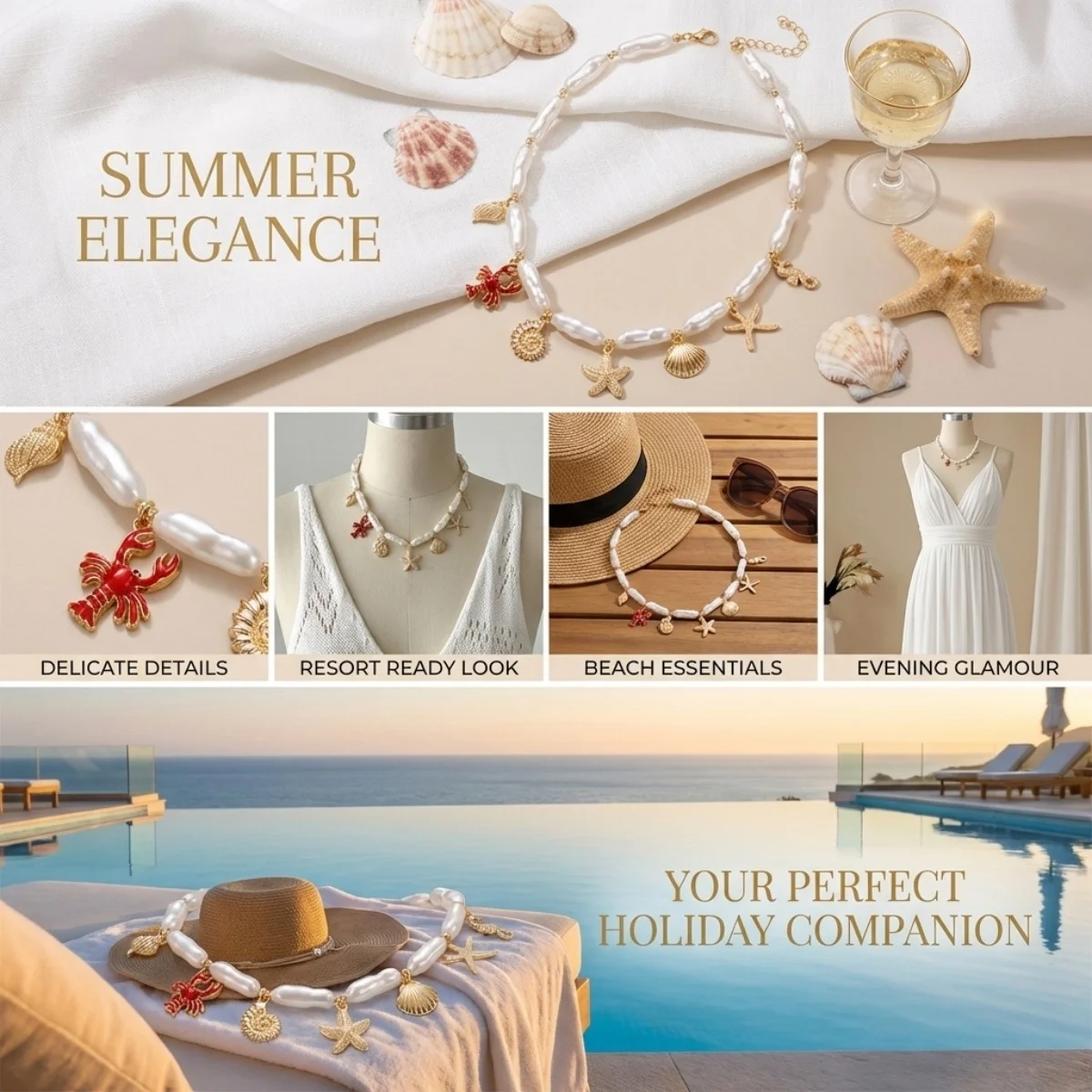 Boho Seestern Muschel Seepferdchen Hummer Anhänger Halskette für Damen und Herren, unregelmäßige Imitationsperle, Ozean-Strand-Choker-Schmuck – Detail 3