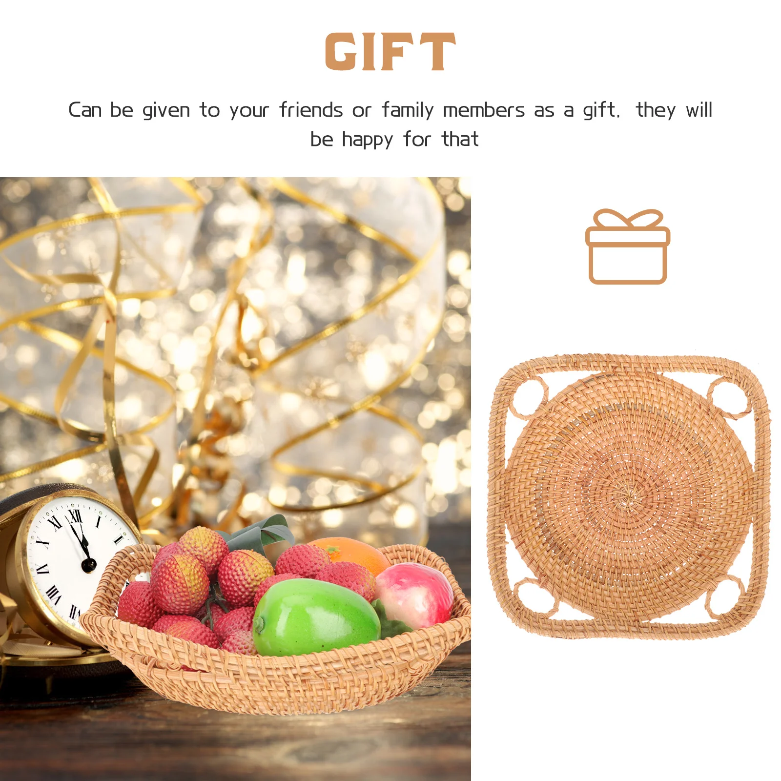 

Snack Fruit Basket Rattan Woven Storage Plate Natural Desktop Bread Tray Multi-Function Food Holder Sundries Organizer