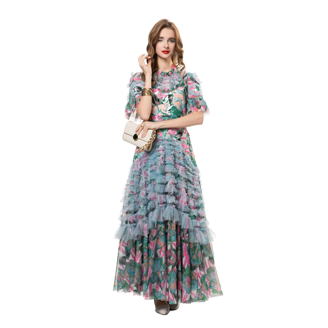 Vestidos femininos o pescoço mangas curtas floral impresso em camadas babados elegante designer de moda vestido de festa maxi vestidos S-4XL