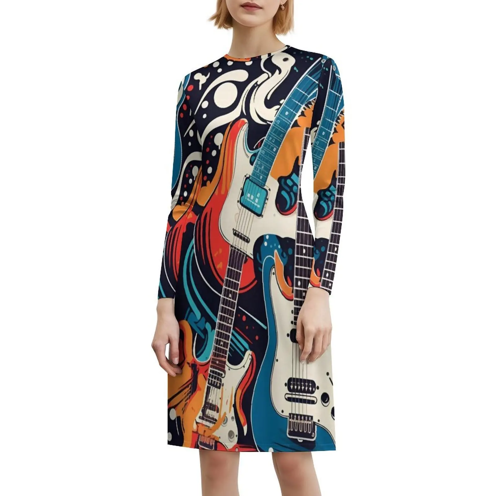 ملون الغيتار الكولاج خلفية خمر البوهيمي اللباس نفخة الأكمام أو خيارات بلا أكمام للنساء اللباس الغيتار الملونة #6