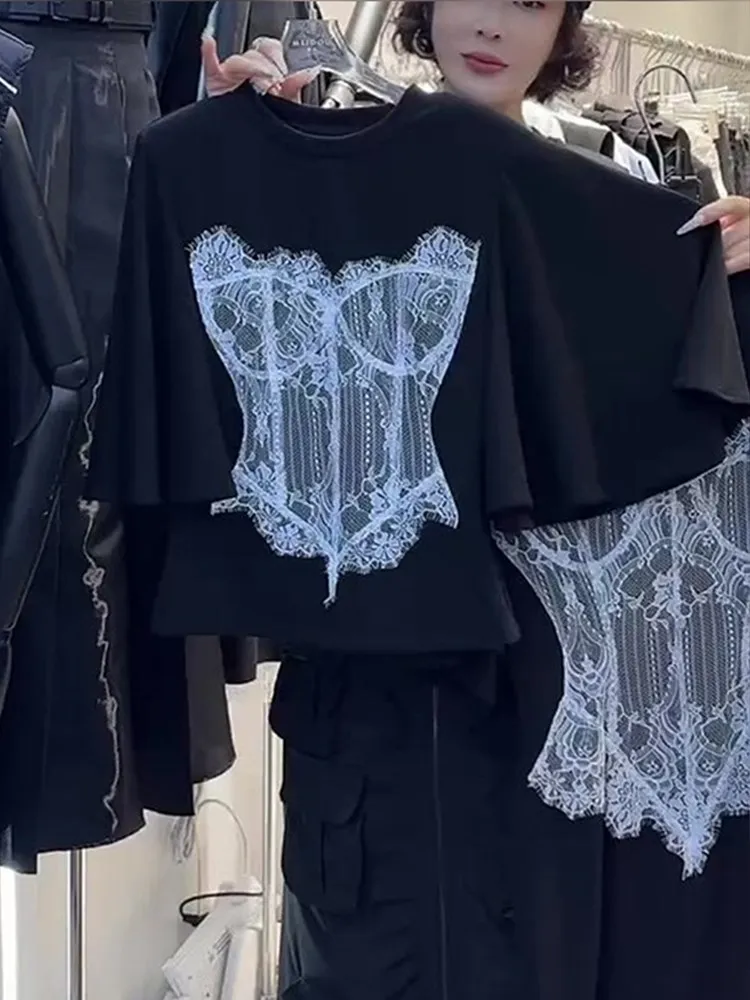 

Stylish Black Lace Splice Short Sleeve T-Shirt Unique Design Fashionable Korean Style Commute Wind Straight Tube Type Top