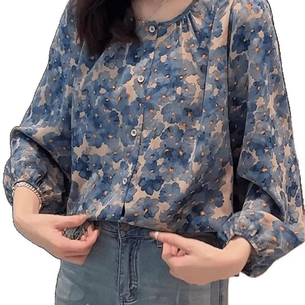 Round Neck Sweet Flower Shirts Long Sleeve Loose Chiffon Floral Shirt Tops Thin Breathable Women's Chiffon Blouse Streatwear