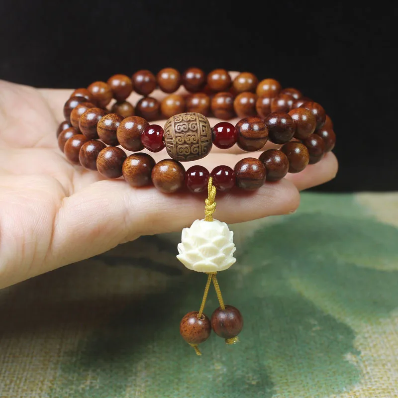 Large-leaf yellow rosewood 8mm double-loop bracelet with white lotus design, Buddhist prayer beads and jewelry