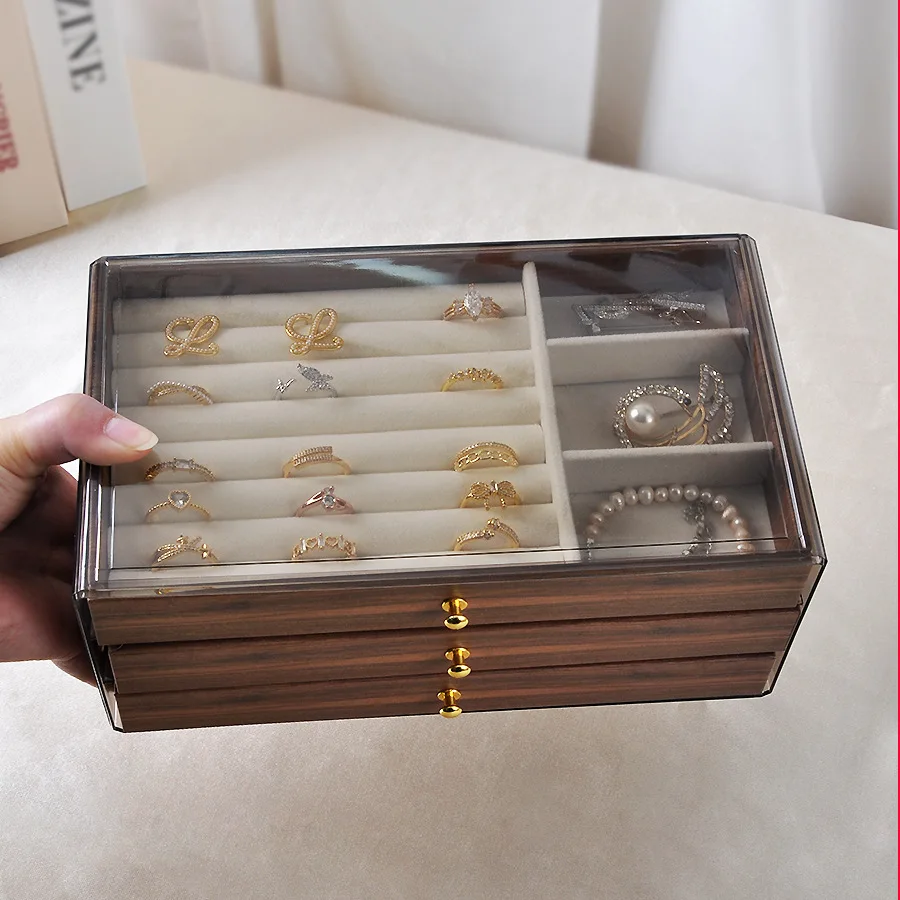Premium Walnut Wood Drawer Jewelry Box, Large Capacity Desktop Jewelry Storage Case for Bracelets, Rings, Ear Studs, Trinkets