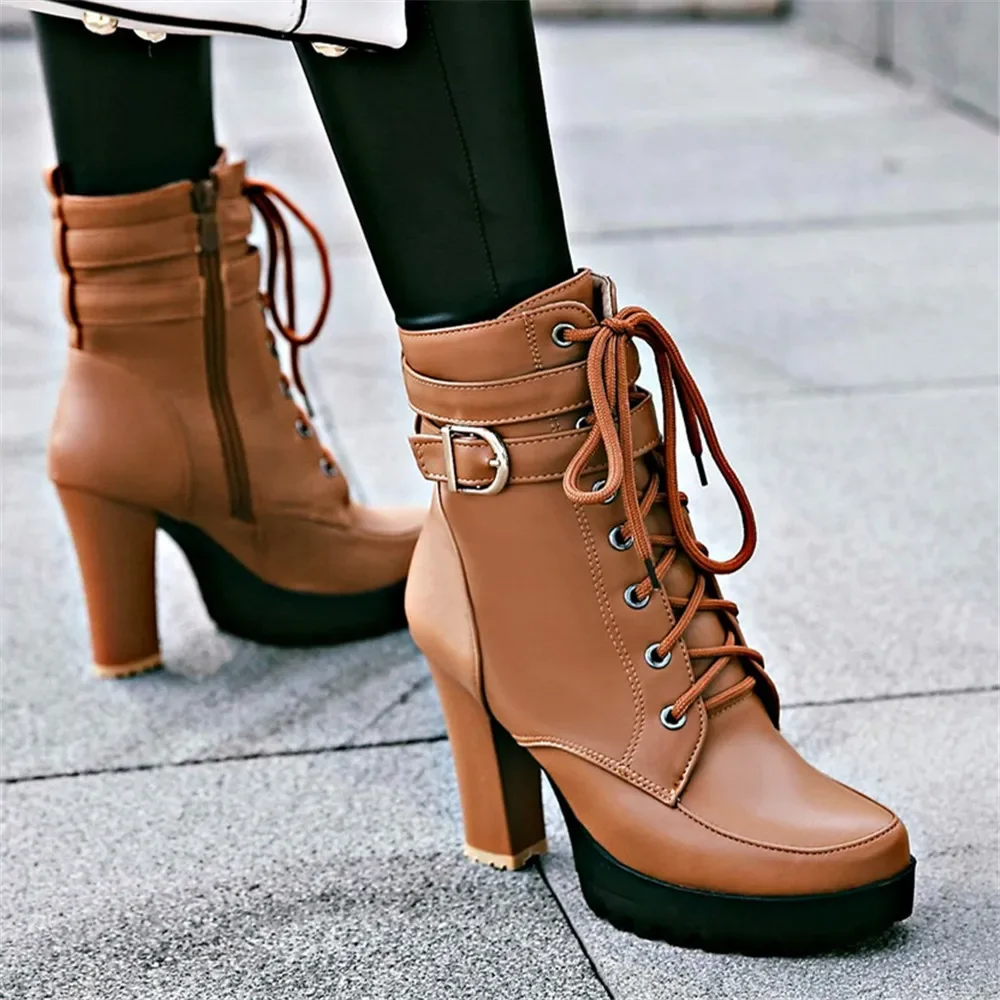 Autumn Women Shoes High Heel Platform Boots for Women Fashion Lace Up Heeled Women\'s Ankle Boots Dress Party Ladies Short Botas
