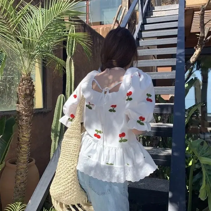 Femme Summer Fashion Trend Stampa Tinta unita Colletto quadrato Manica corta Abbigliamento donna Top ricamati alla moda tutto-fiammifero