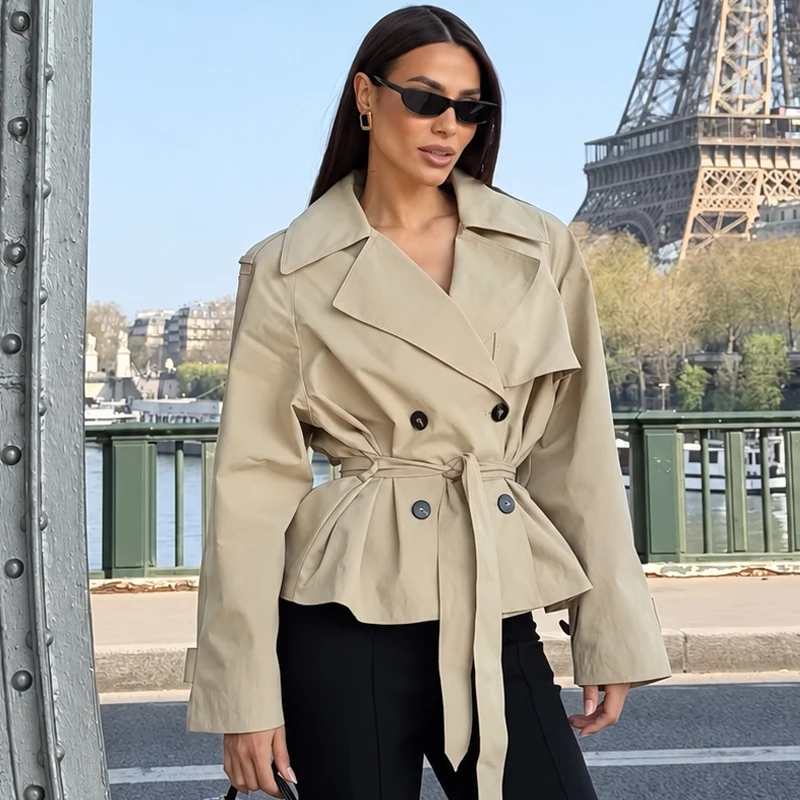 HXAO Crop Khaki-Jacke, Damenjacke, Herbst, Langarm, Schulterpolster, doppelreihig, mit Gürtel, kurzer Trenchcoat, modische Oberbekleidung – Detail 6