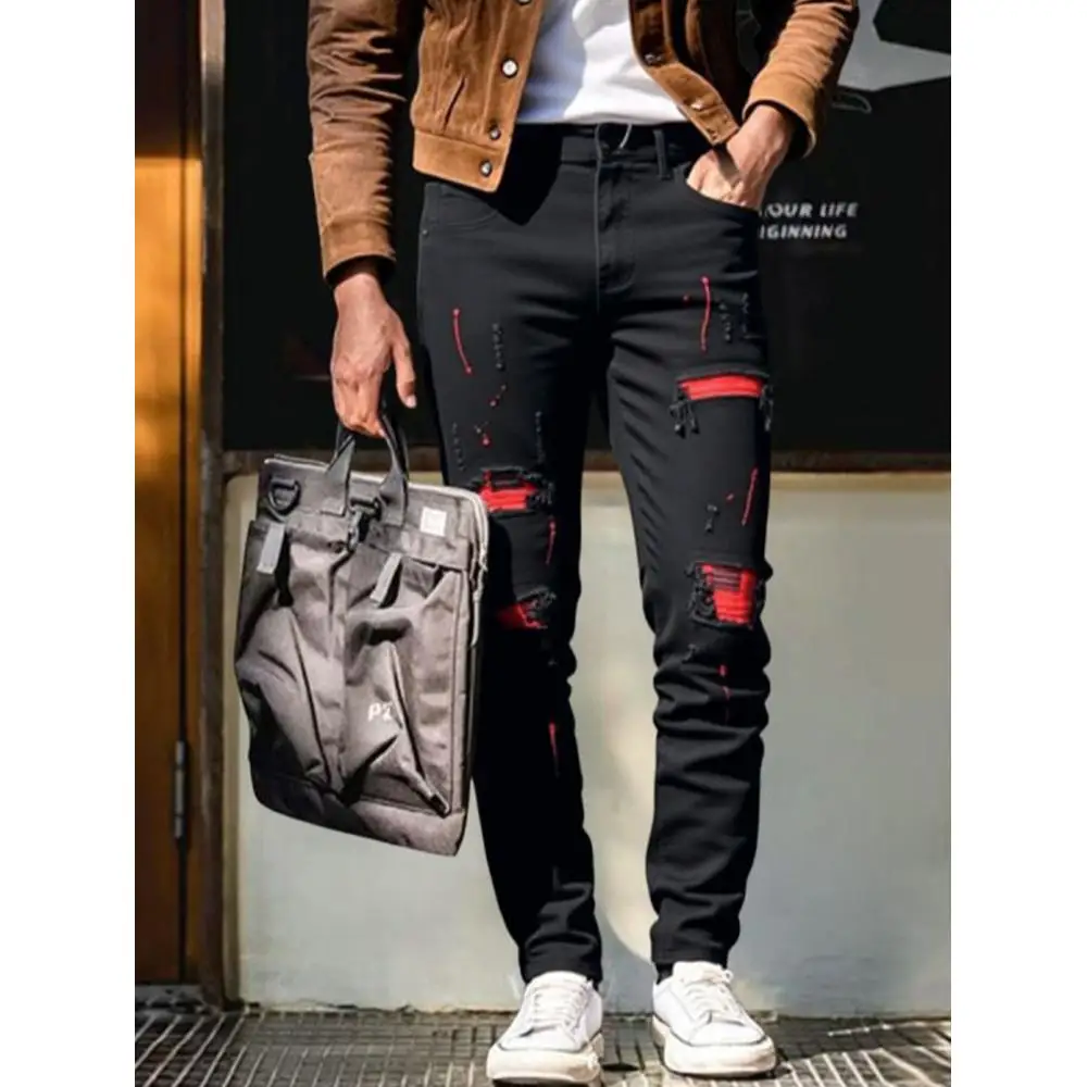 

Plus-size men's jeans, high-street trendy stretch patchwork long pants, patched ripped jeans