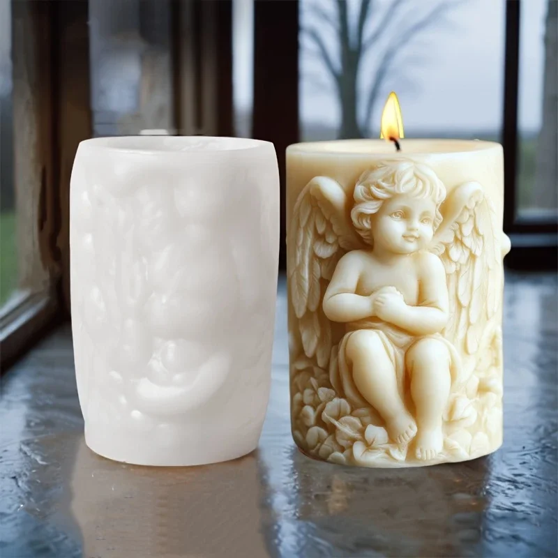 3D Wing Angel Relief Cylinder Candle Silicone Mold Easter Angel Flower Statue Cylinder Resin Silicone Mould Crafts Gypsum Molds