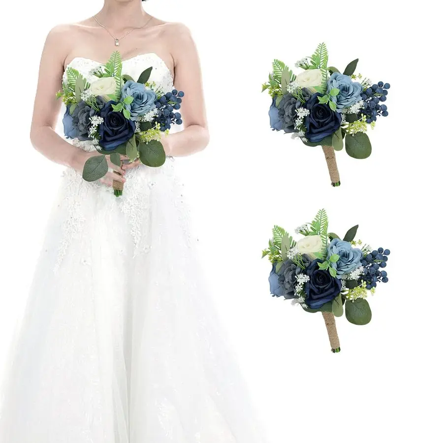 

2 букета для подружек невесты на свадьбу, 7-дюймовые искусственные цветочные букеты для церемоний, юбилеев, центральных украшений, декораций, темно-синий B