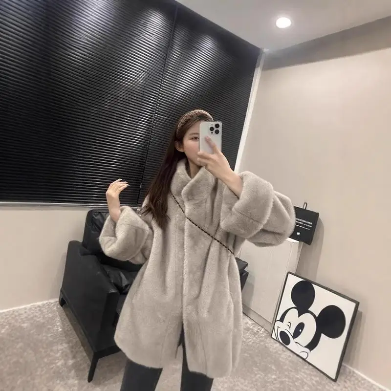 Mid Length Coat Women Faux Fur Coats Jackets Stand Collar Thick Y2k Streetwear Jacket Casual Loose Elegant Work Autumn Winter