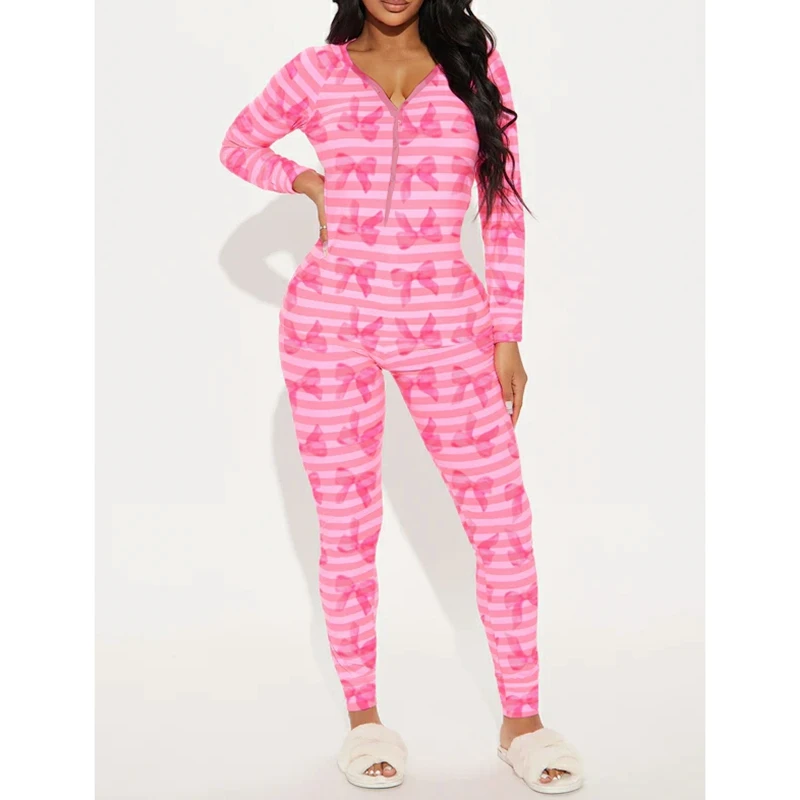 بدلة قفز نسائية بأكمام طويلة لعيد الحب من Combhasaki برقبة على شكل حرف V مخططة على شكل قلب مطبوعة ملابس نوم رفيعة مع رفرف للمؤخرة #4