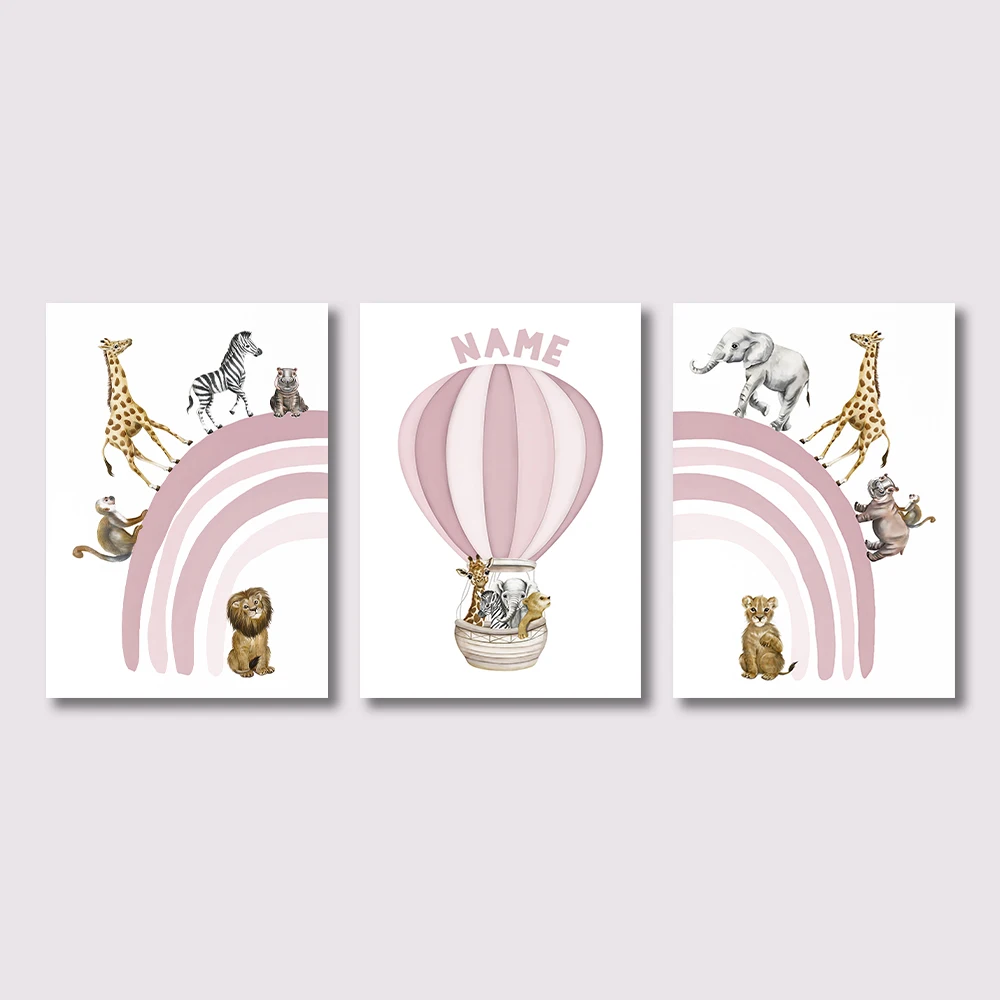 Personalised Name Safari Animal Nursery Prints Beige Pink Rainbow Hot Air Balloon Decor Set Of 3 Boy Girl Birthday Gift  Posters image 5