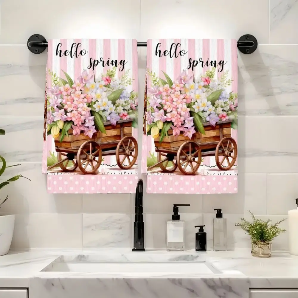 2Pcs, Spring Flower Cart Kitchen Towels, 40Cm*60Cm Towel Set, Super Absorbent Soft Cleaning Cloth, Cooking and Baking Tea Towel, Hand Towel, Cleaning Cloth, Dishcloth, Kitchen Decoration, Living Room Decoration, Kitchen Essentials, Home Essentials