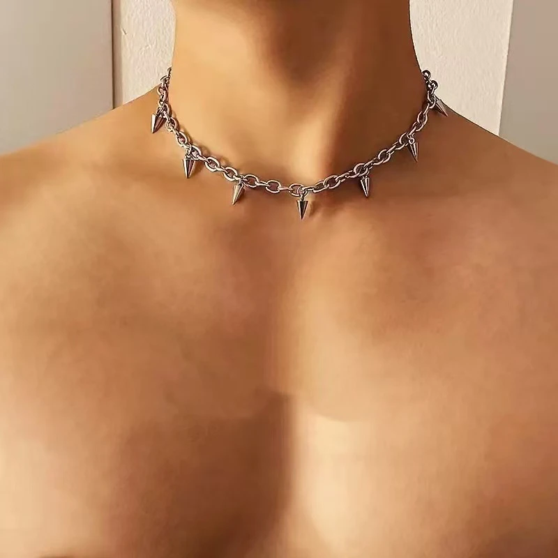 Men Punk Style Rivet Tassel Necklace Hip Hop Women Fashion Geometric Titanium Steel Chain Necklace image 3