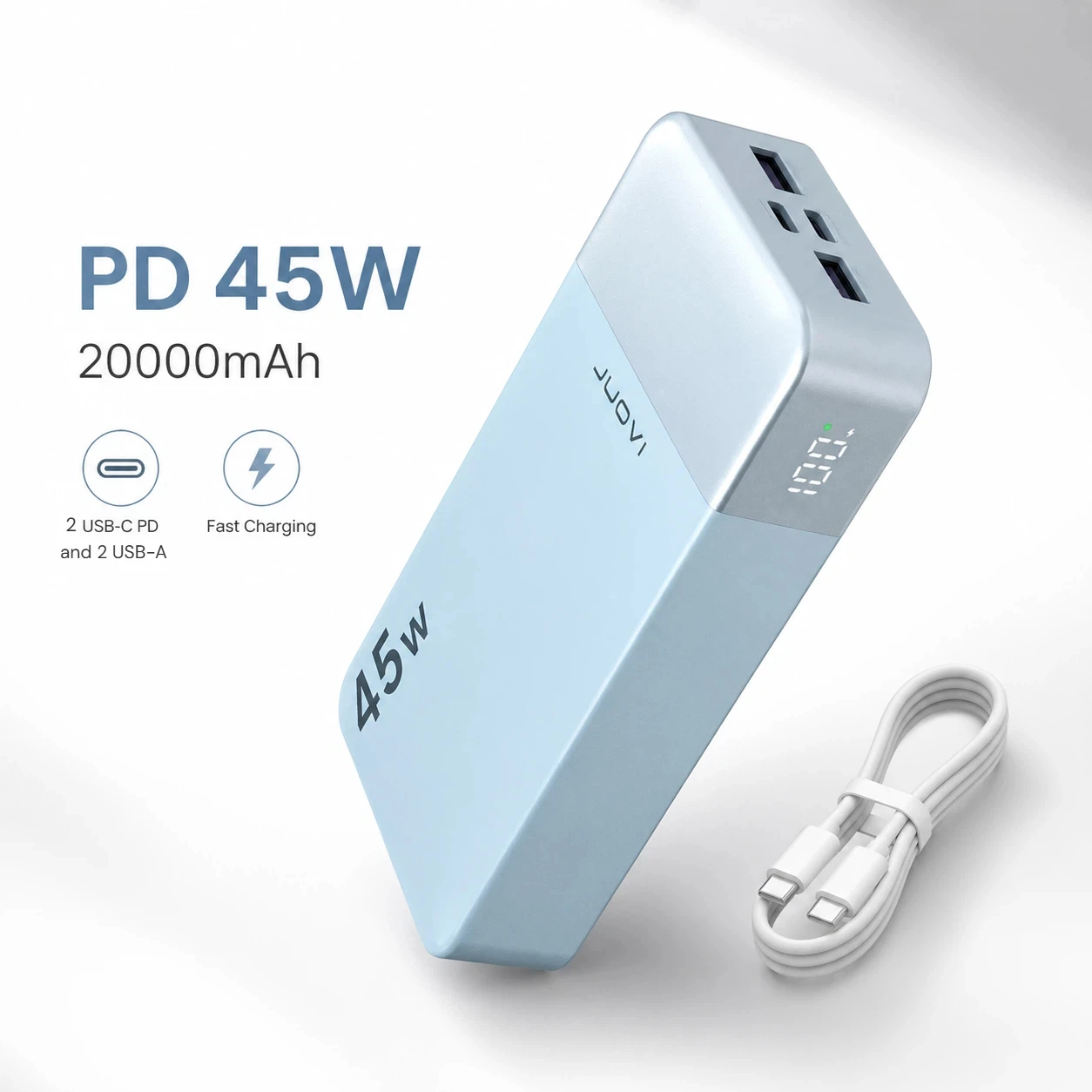 Batterie externe JUOVI 20000mAh 45W, chargeur portable à charge rapide PD3.0 QC4.0 avec affichage numérique LED, 2 ports USB-C et 2 ports USB-A pour iPhone 17/16, MacBook, iPad