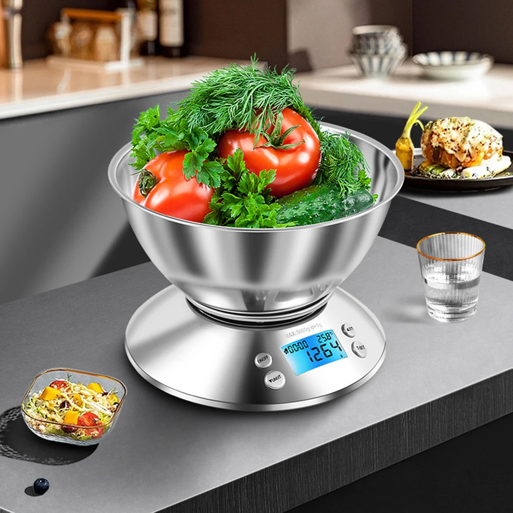 LCD Digital Kitchen Scale with Removable Bowl High Accuracy Stainless Steel Scale 5000g/1g 3000g/0.1g