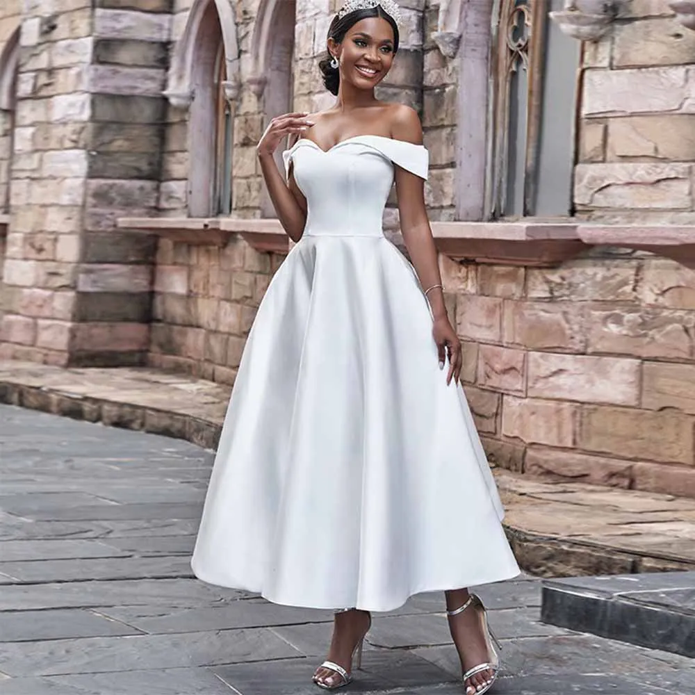 

Short Wedding Dress 2023 Satin Off Shoulder V Neck A Line Wedding Gown for Women Bride White Sleeveles Midi Bridal Dress Simple