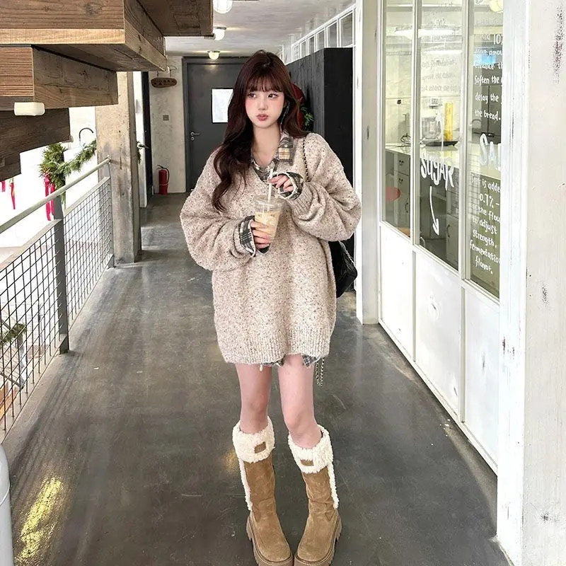 

Korea Version Retro Lazy Style Two-Piece Pullover Knitted Sweater Plaid Long-Sleeved Shirt Women Autumn Winter New Niche Top
