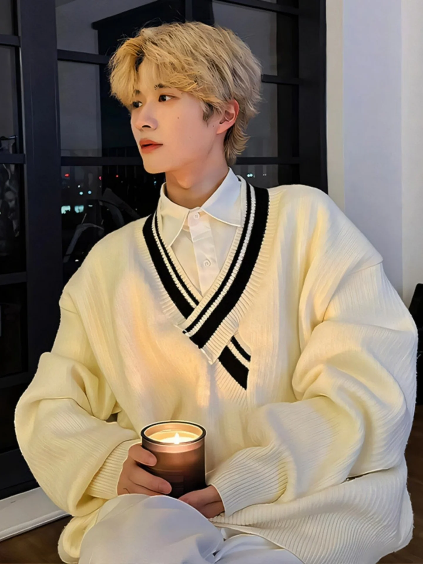 

Loose Men's Knitted Sweater Asymmetric V-Ne Korean College Sle Autumn Faion Casual Long Sve Top Coat for Men