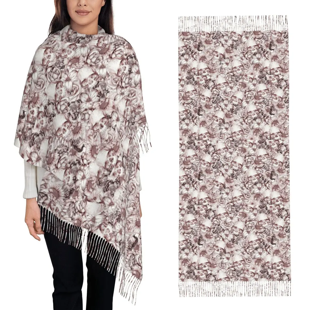 

Красный шарф с цветочным принтом и черепом, шарфы с кисточками, женские мягкие теплые шали и накидки, большая осенне-зимняя шаль