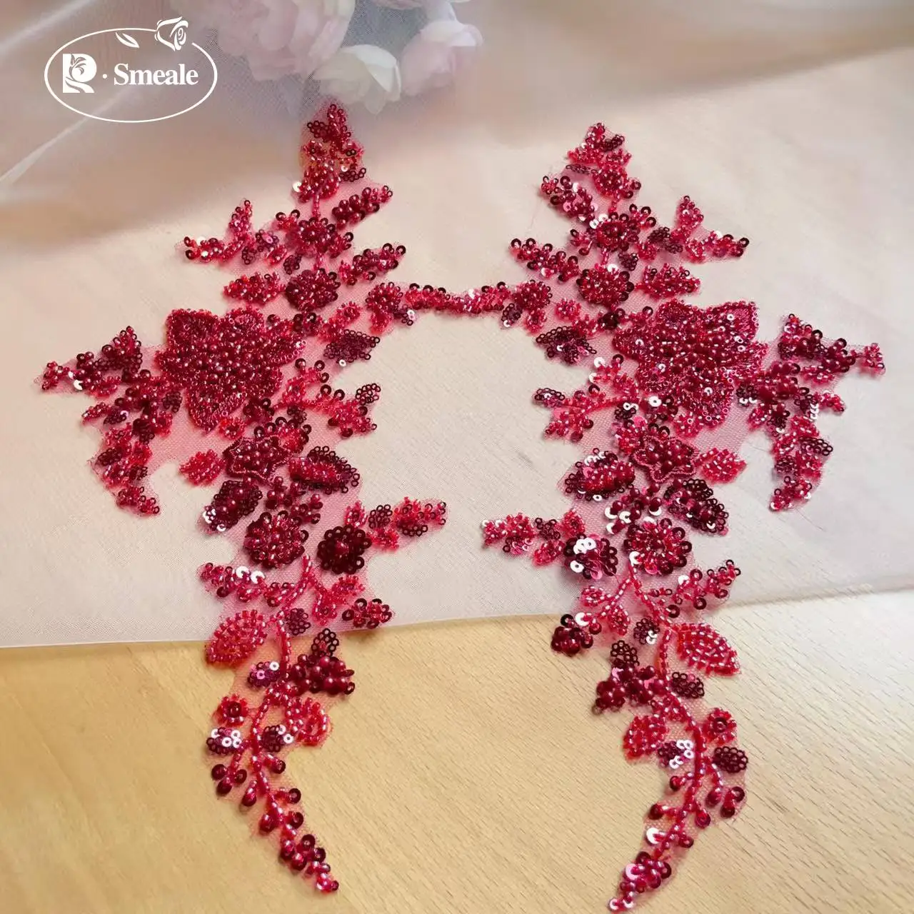 10-farbige Perlen-Pailletten 3D-Aufkleber Spiegelblume. Spitzenstoff Abendkleid. Applikations-Patch-Dekoration für Brust und Rücken – Detail 9