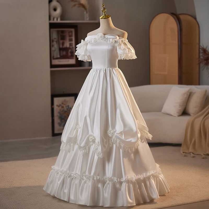 AnXin SH vintage princesa satén blanco cuello barco rosa flor encaje volantes manga vestido de baile con cordones vestido de noche personalizado