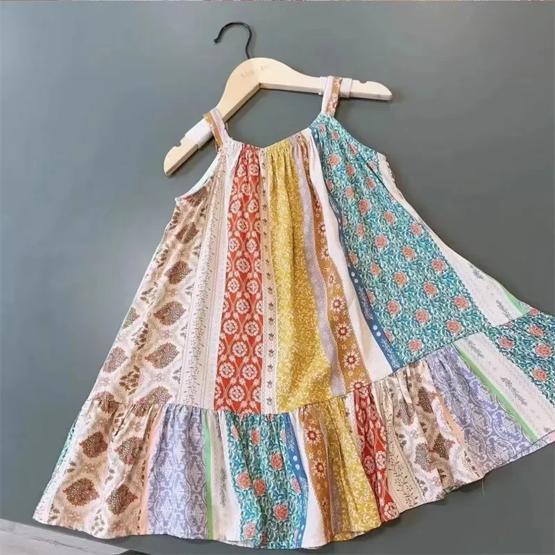 Slip Dress Summer New Vintage Ethnic Style Broken Flower Patchwork Sleeveless Slip Dress Kids Clothes Girls