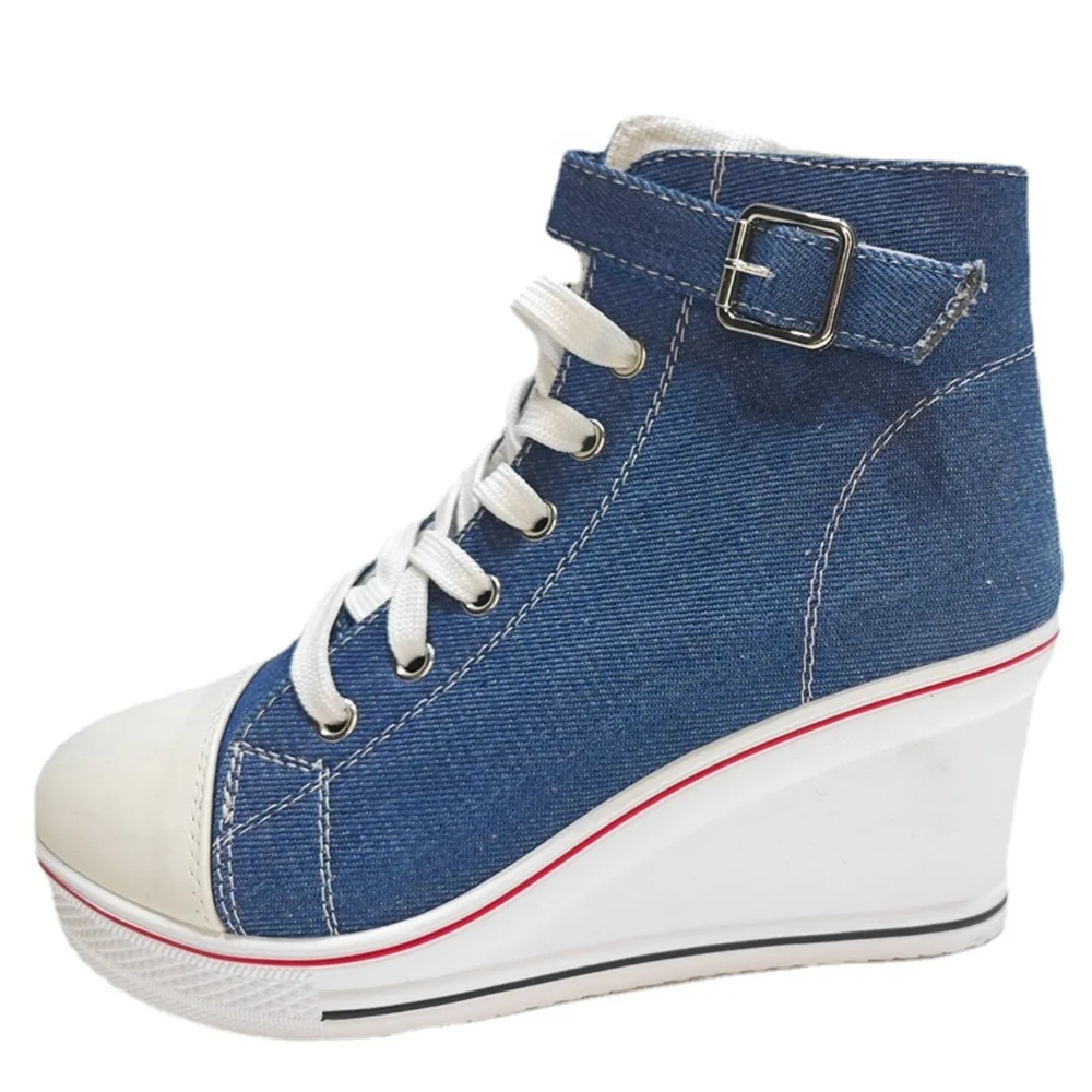 Denim Blue Women\'s Ultra Light High Top Canvas Sneakers Hidden Invisible Heel Wedge Shoes Casual Breathable Platform Sneakers